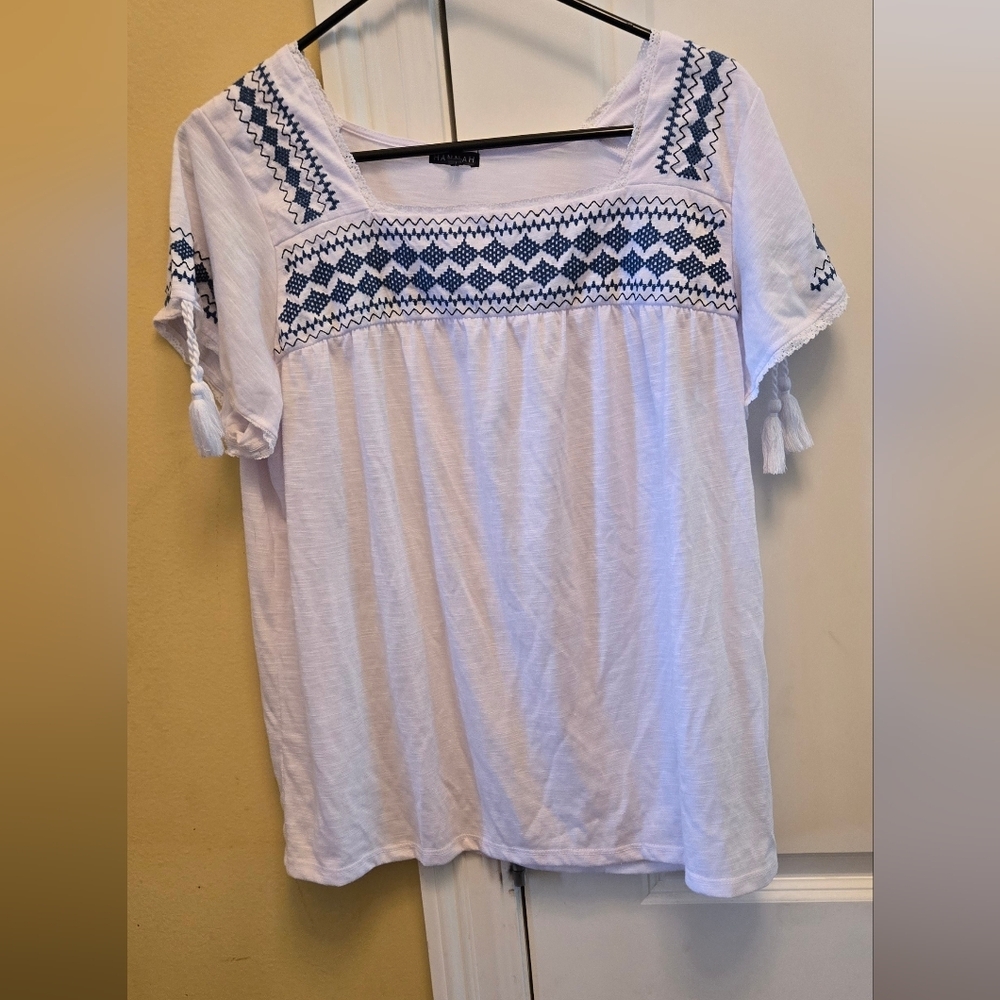 Hannah Women's White and Blue Embellished Relaxed Blouse Festival Feminine